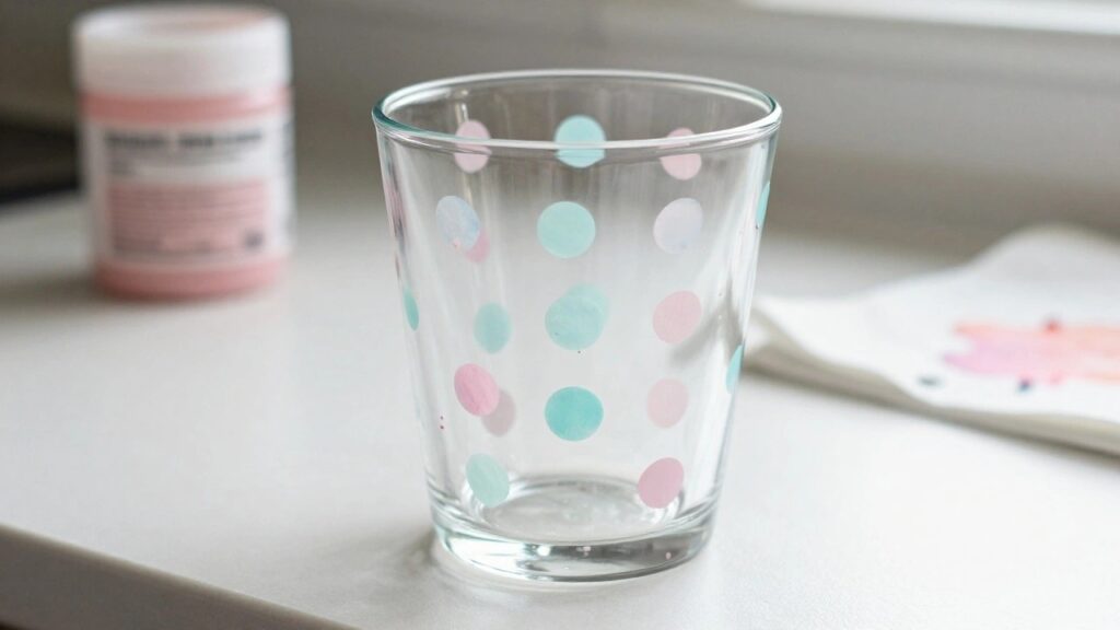 19 Beginner-Friendly Glass Cup Painting Ideas Using Paint Pens and Simple Shapes Clear glass tumbler with scattered pastel pink, blue, and mint polka dots
