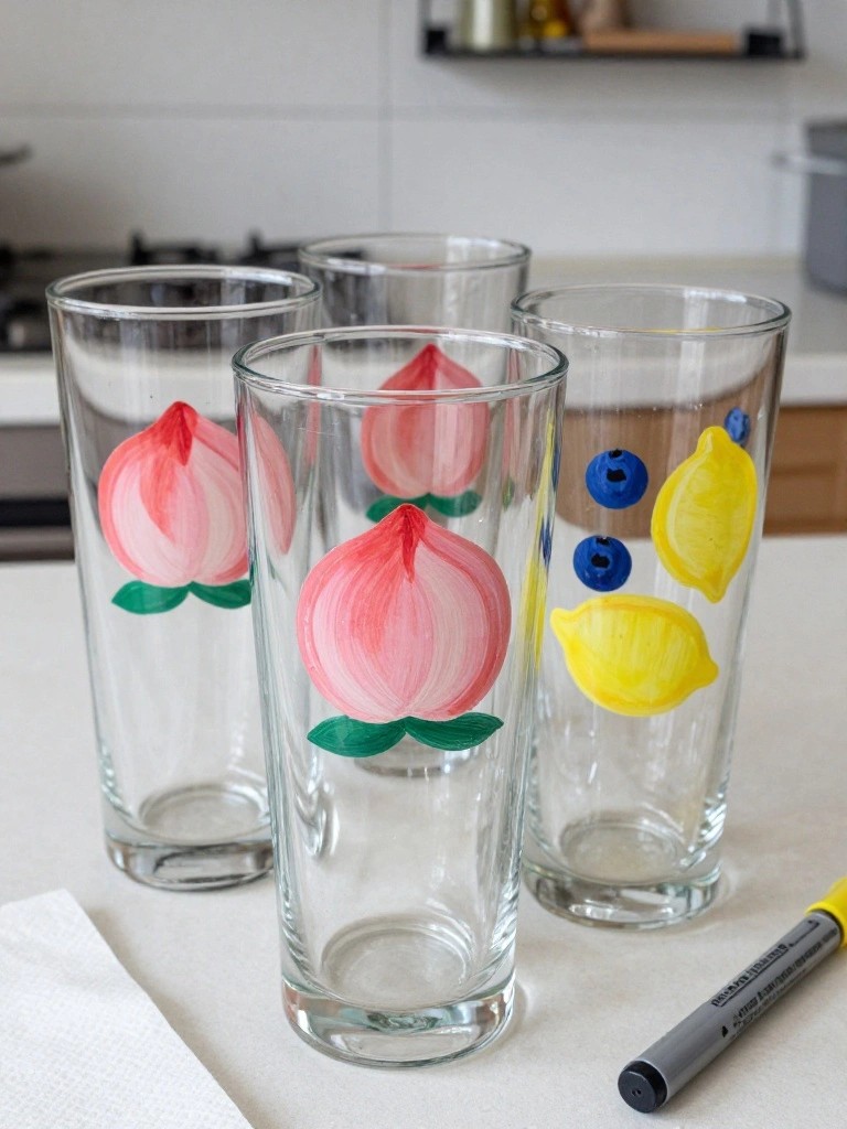 Four clear drinking glasses painted with peach, lemon, and blueberry designs sit on a kitchen counter next to a paint marker.