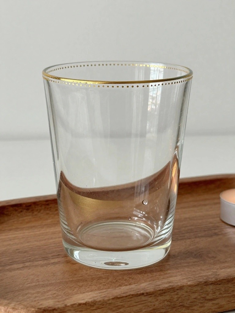 A clear glass tumbler with two horizontal gold painted bands on a wooden tray.