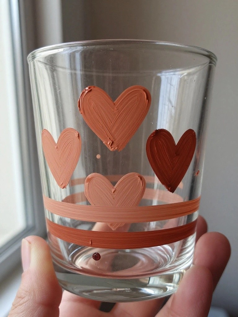 Hand holding clear glass with painted hearts and stripes in pink-brown tones.