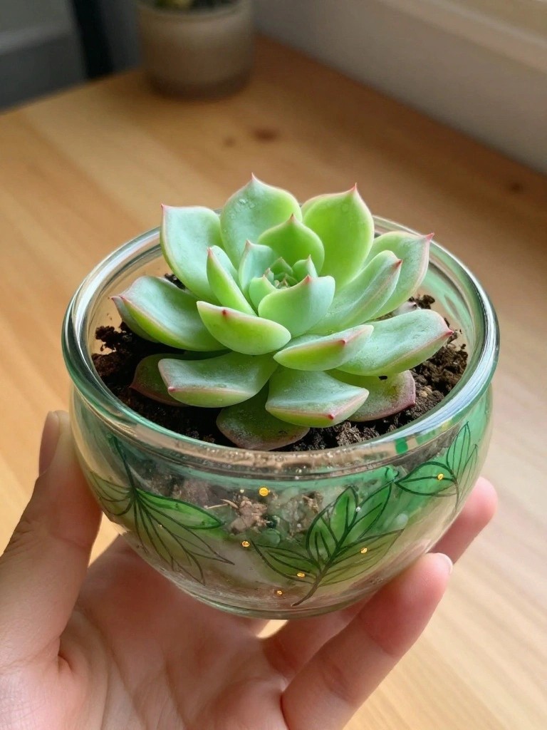A hand holds a small clear glass cup with green leaf outlines and gold dots painted around the lower half, filled with soil and a green succulent.
