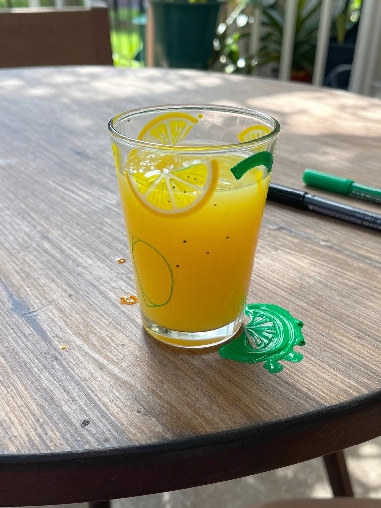 A clear drinking glass with orange liquid is painted with yellow lemon slices and green accents on a wooden table next to paint markers.