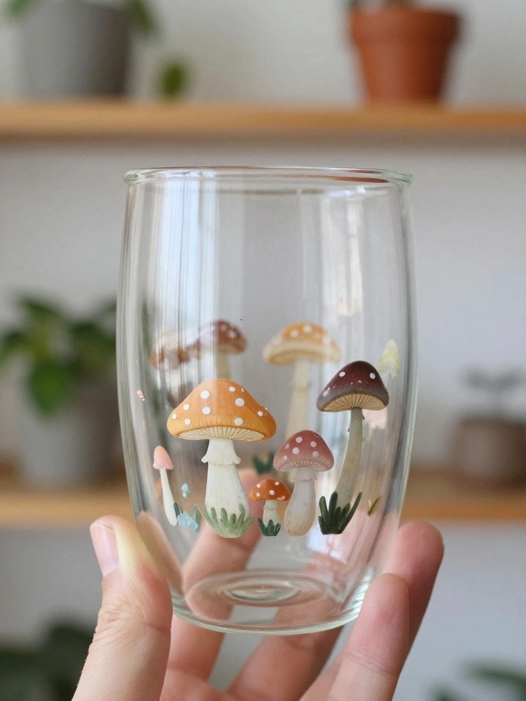 Hand holding clear glass tumbler with colorful painted mushrooms and grass details.