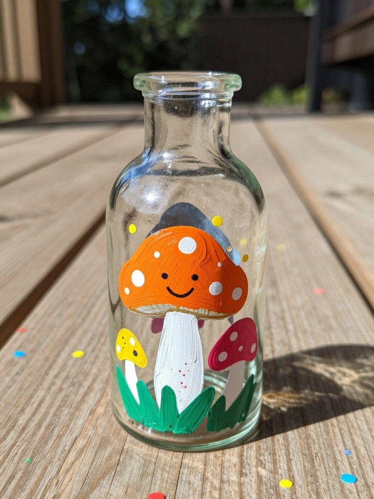Clear glass bottle hand-painted with smiling orange mushroom, smaller fungi, and grass.