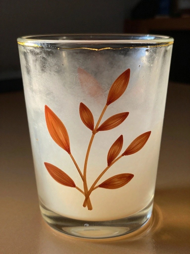 Glass tumbler with gold rim and brown leaf design on wood surface