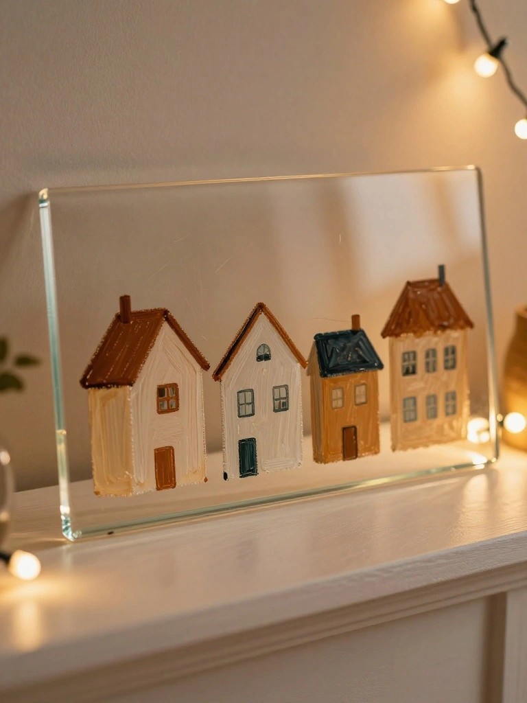 Four hand-painted miniature houses on a glass panel with string lights