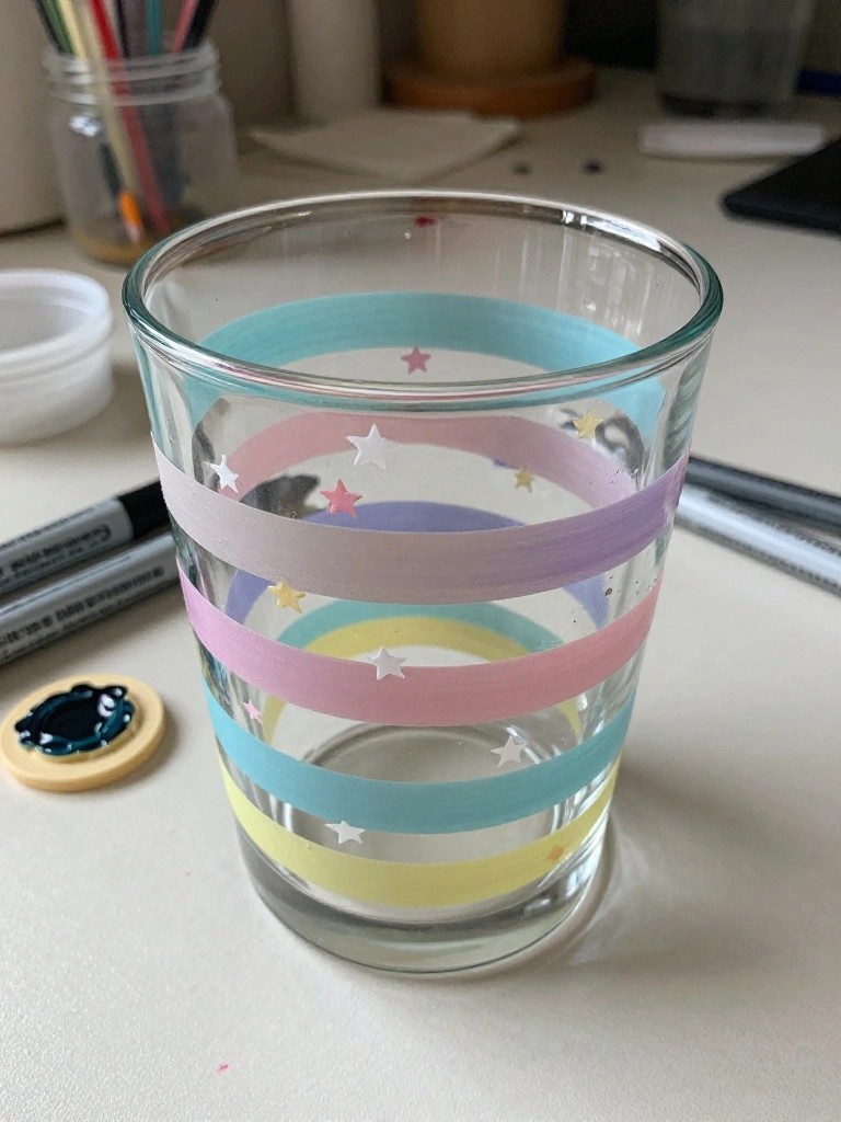 Glass tumbler with pastel rainbow stripes and scattered star stickers on desk