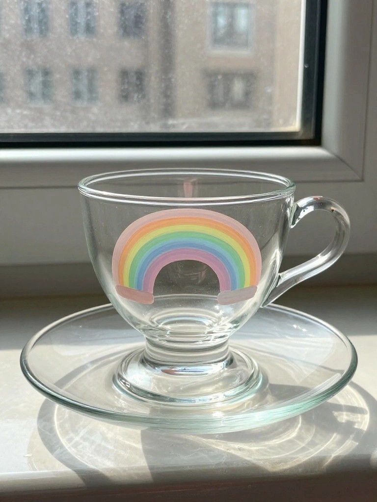 Glass teacup with colorful rainbow design on matching saucer by window.