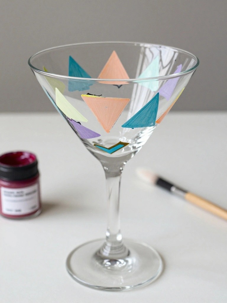 Martini glass decorated with colorful triangles beside paint jar and brush on table