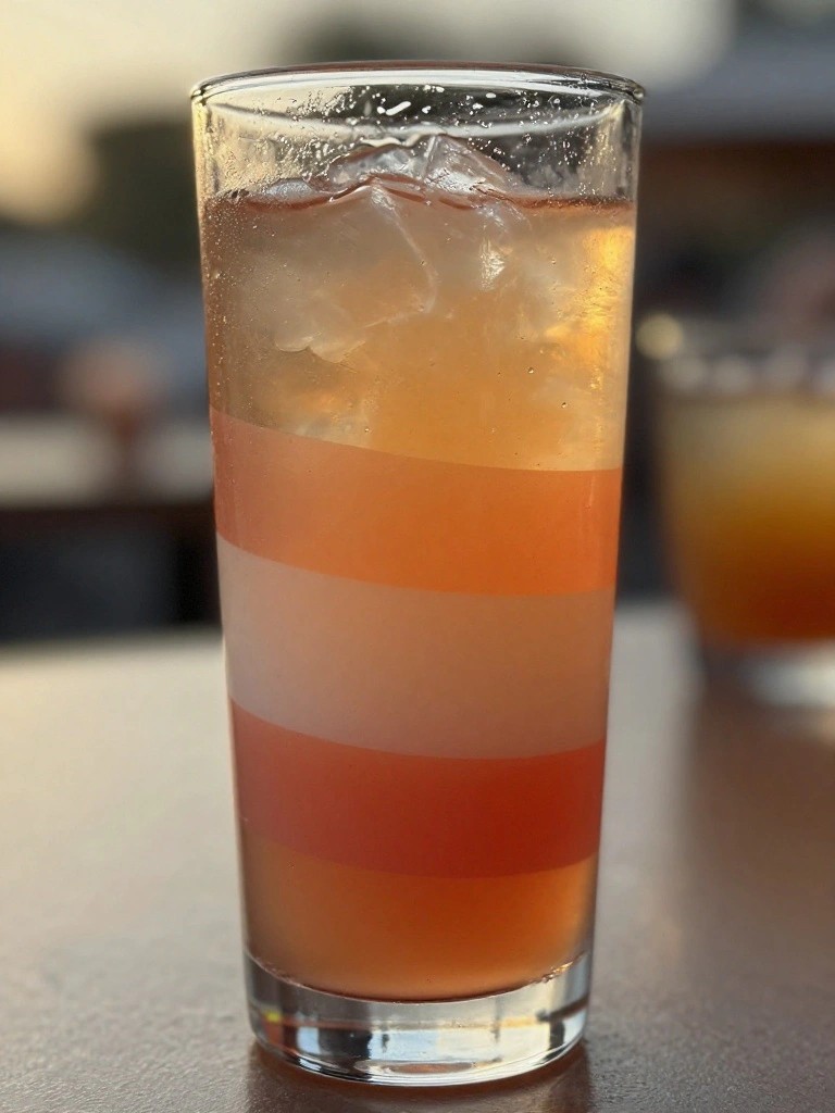 A tall clear glass with horizontal stripes in orange and peach shades, filled with ice and a light orange drink.