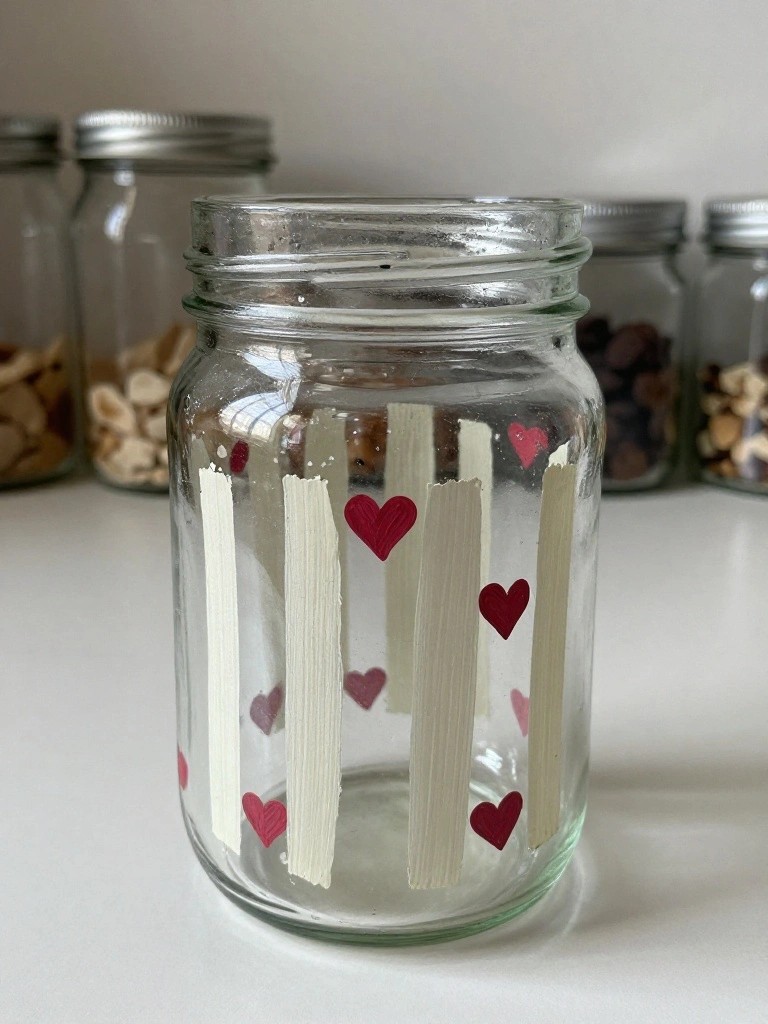 Glass jar with white vertical stripes and scattered red hearts on white surface