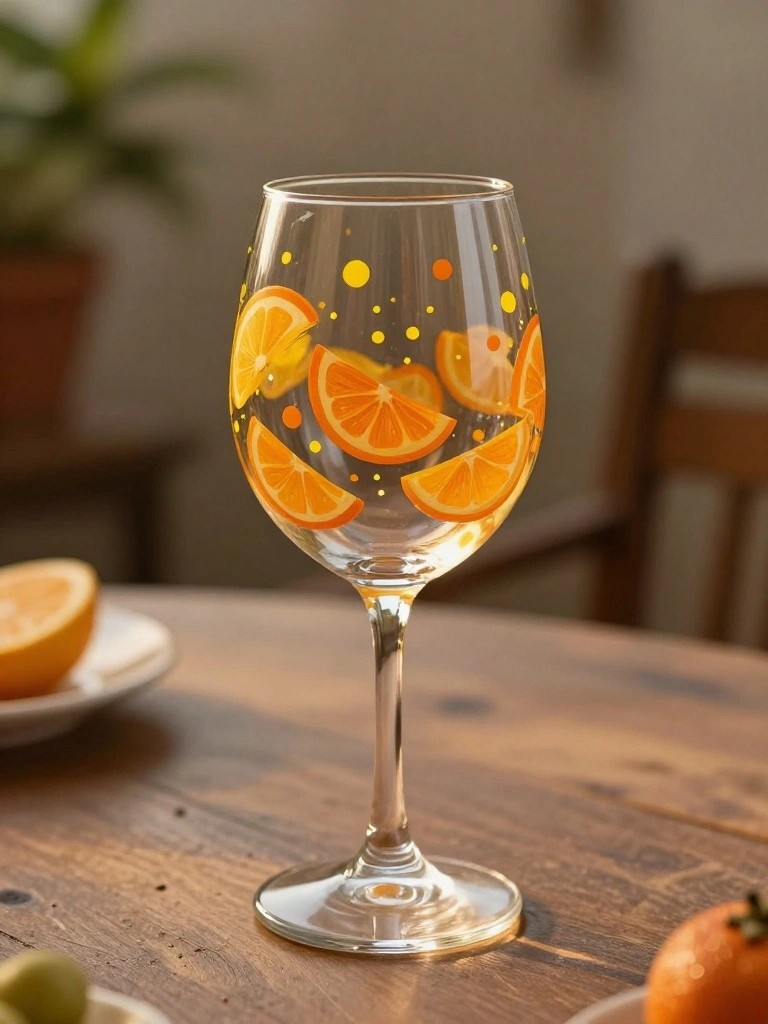 Wine glass with painted orange slices and yellow dots on wooden table with fruits