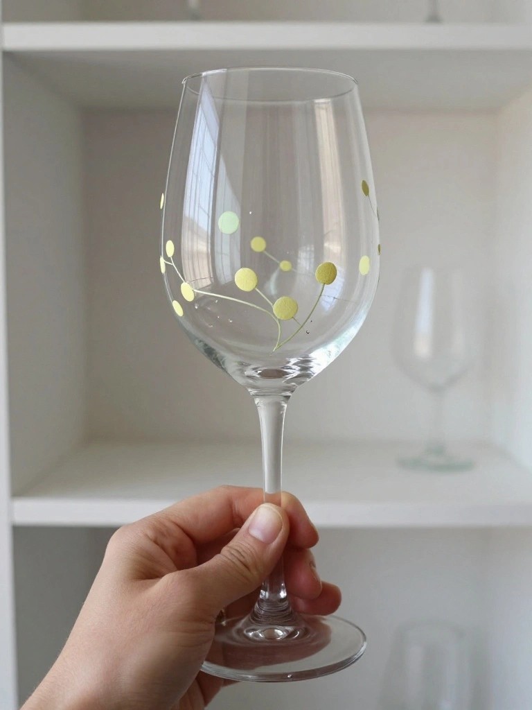 Hand holding clear wine glass with yellow and green dot patterns