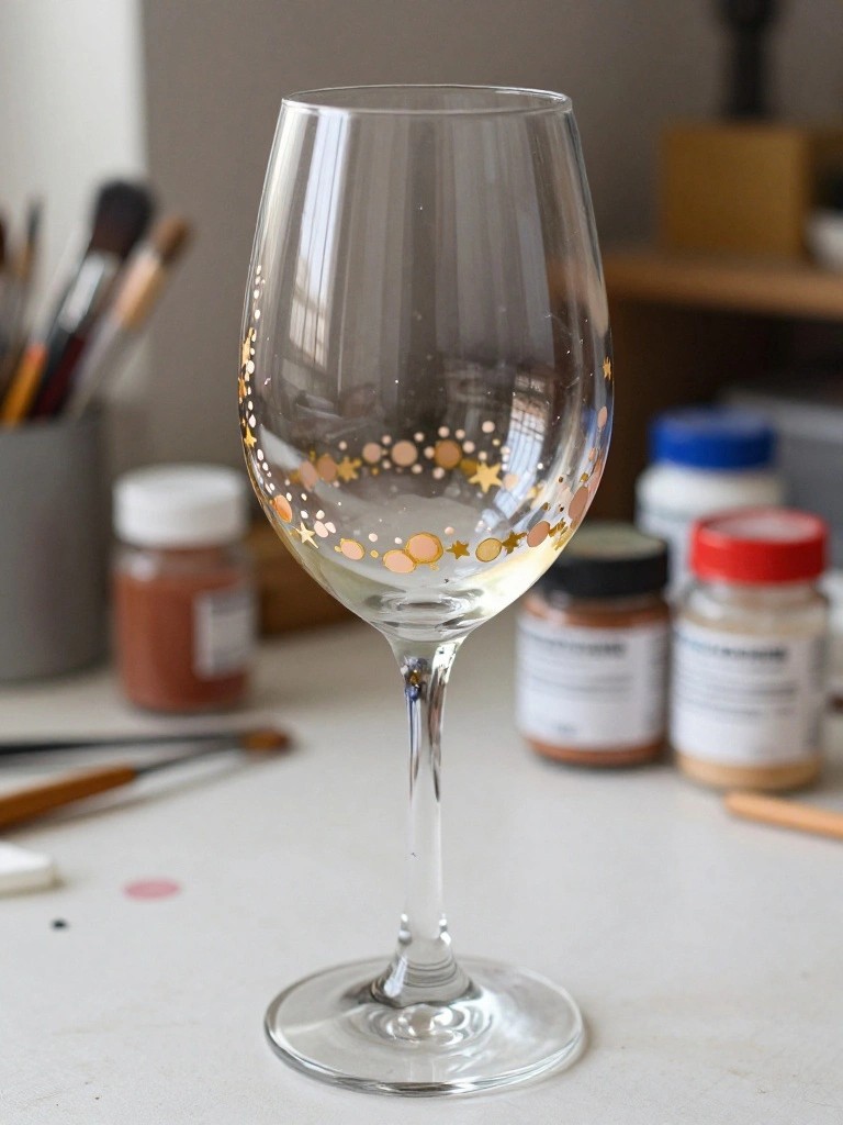 Decorated wine glass with gold stars and pink dots amid art supplies