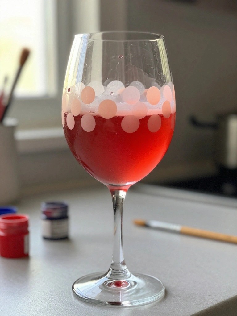 Wine glass filled with red liquid and decorated with pink white polka dots