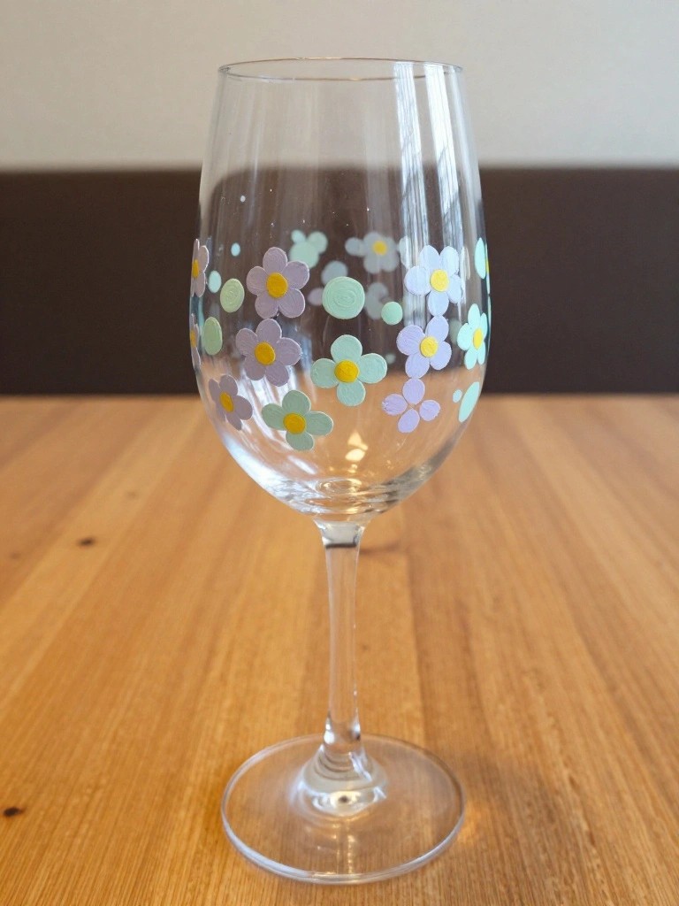 Clear wine glass with pastel flower and dot paintings on wooden table.
