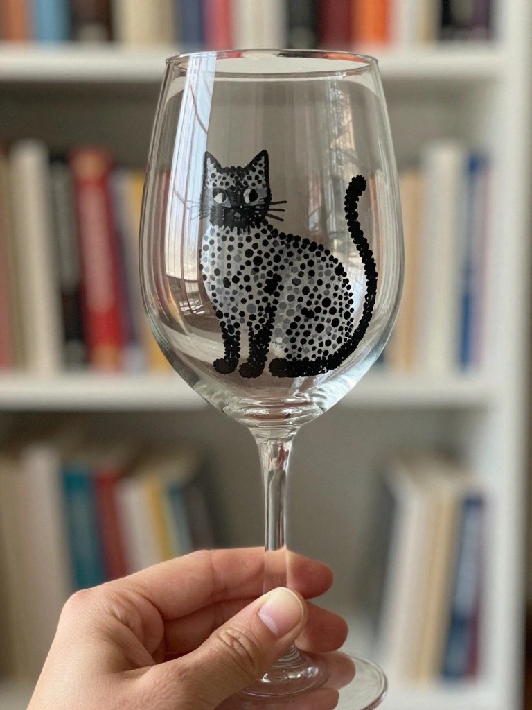 Hand holding wine glass with black dotted cat design on bookshelf background