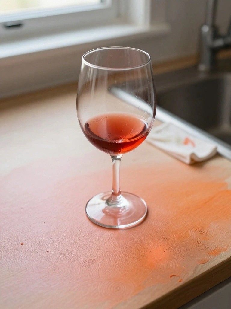Stemmed glass of red wine on orange-stained wooden kitchen counter