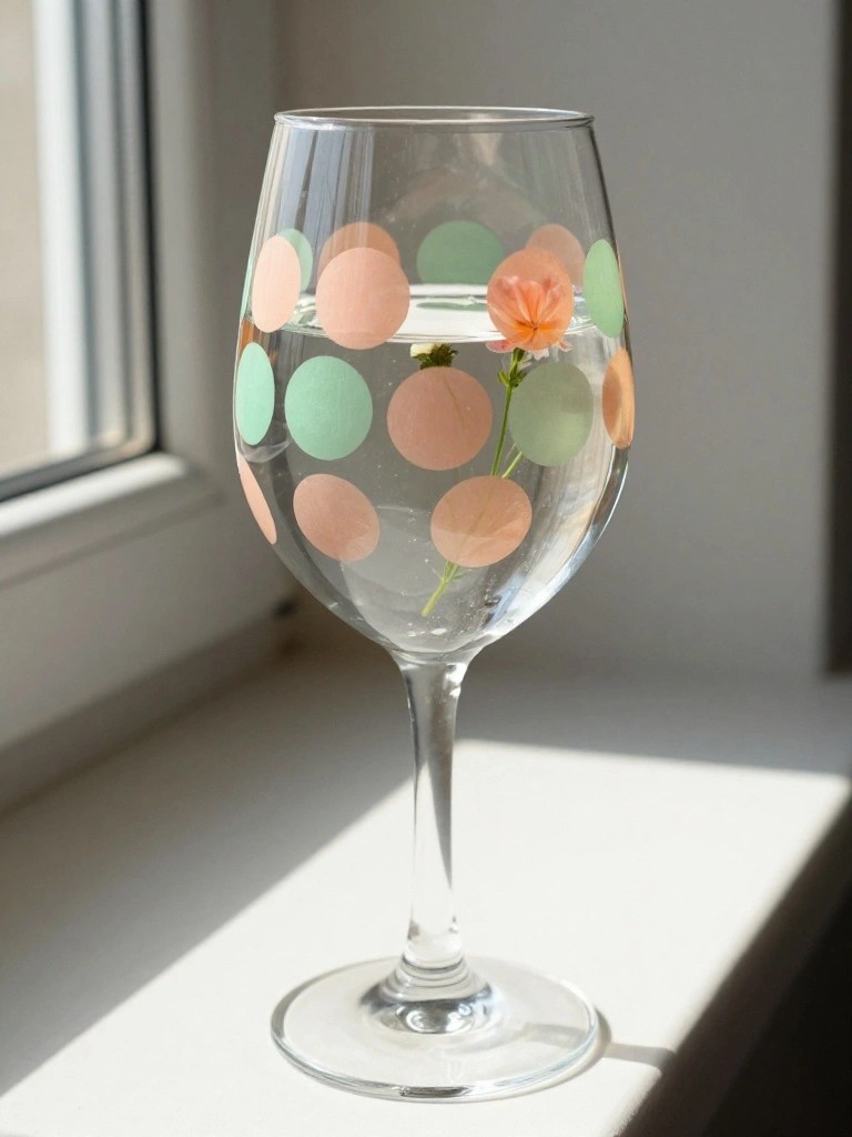 Stemmed wine glass with pastel polka dots holds water and a pink flower on a windowsill.