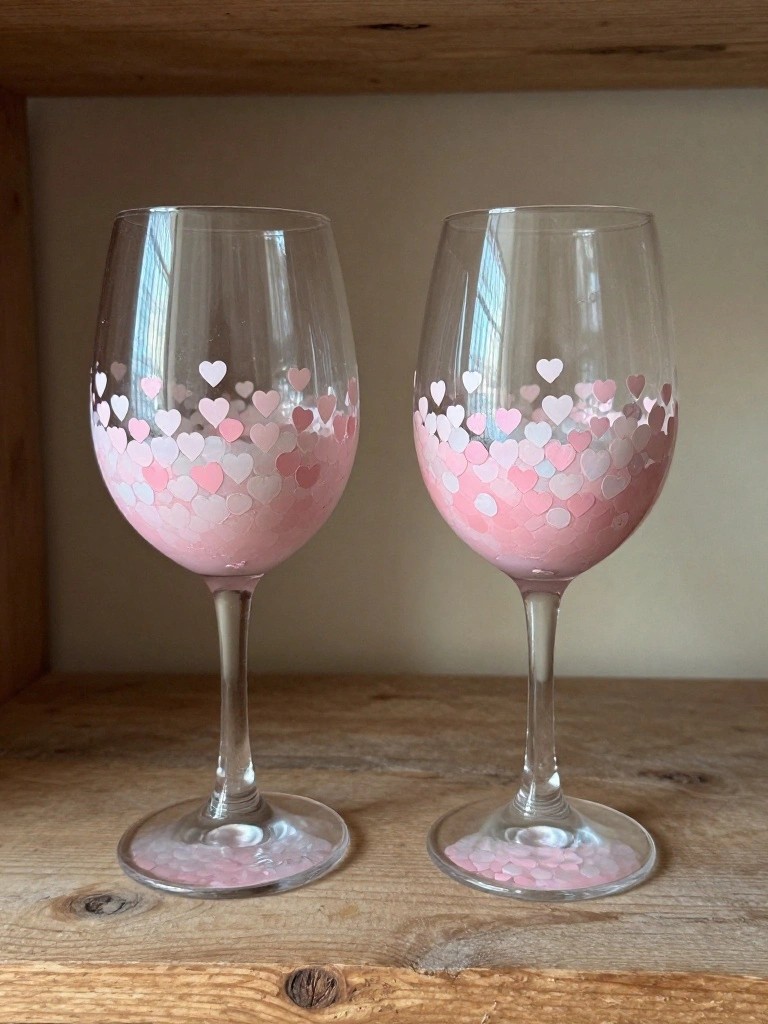 Two wine glasses with pink and white hearts on wooden surface