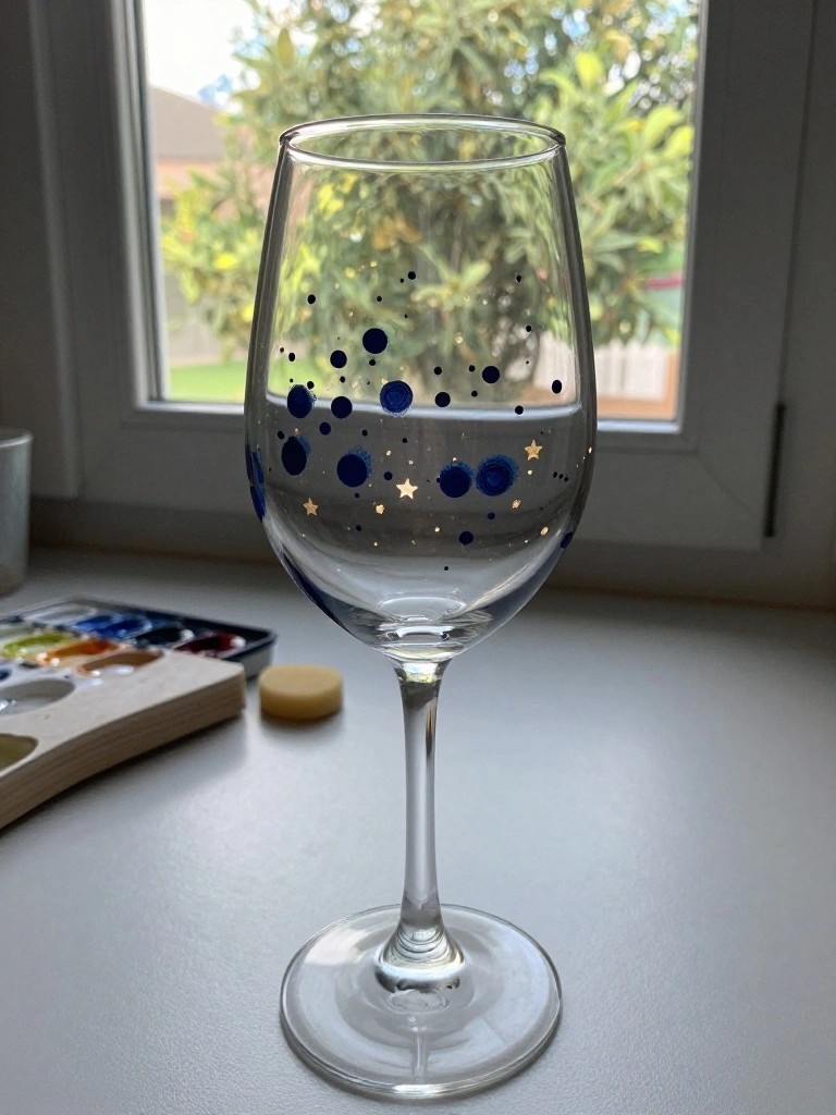 Wine glass hand-painted with blue dots and gold stars beside watercolor palette