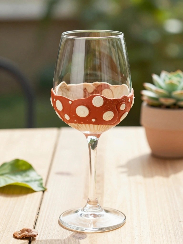A clear wine glass with a terracotta painted band featuring white dots and swirls around the bowl, sitting on a wooden table next to a potted succulent.
