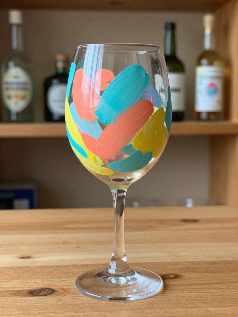Colorful wine glass with abstract teal, coral, yellow, and blue brushstrokes on wooden table.