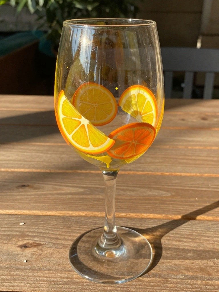 Wine glass with lemon slices inside on sunlit wooden table.