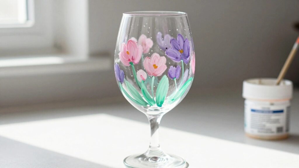 18 Easy Wine Glass Painting Ideas for First-Time Crafters Hand-painted wine glass with pink and purple flowers beside paint jar and brush