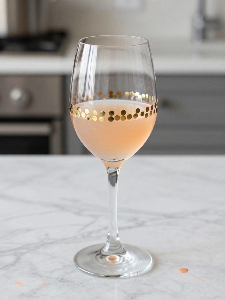 Stemmed wine glass of pink liquid with gold dot band on marble counter