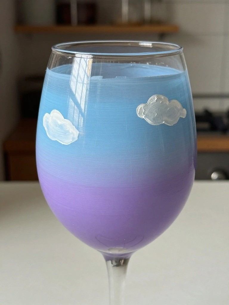 A wine glass with blue to purple gradient paint and white cloud shapes on the bowl.