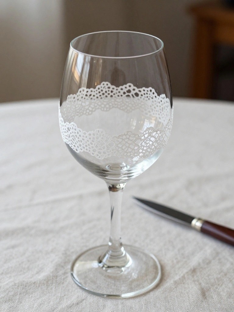 Clear wine glass with white lace band beside knife on tablecloth
