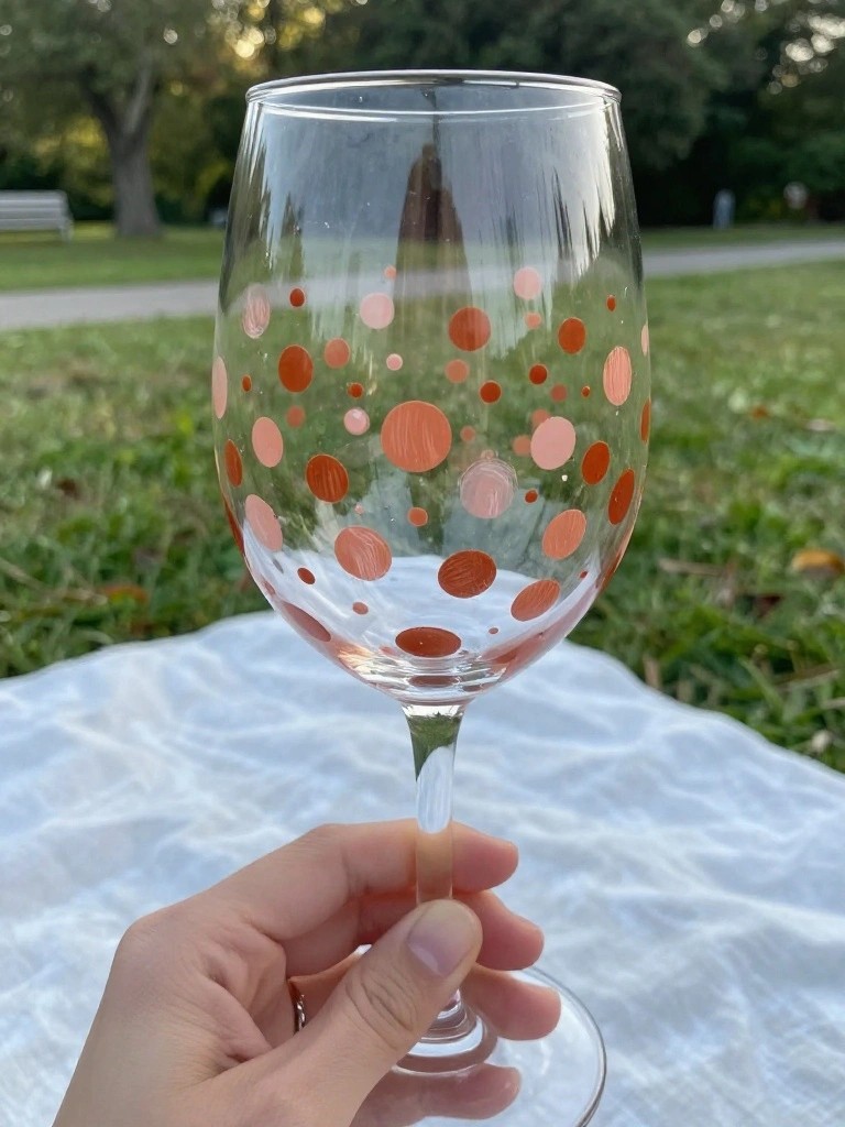 Hand holding wine glass with pink and orange polka dots on white cloth outdoors