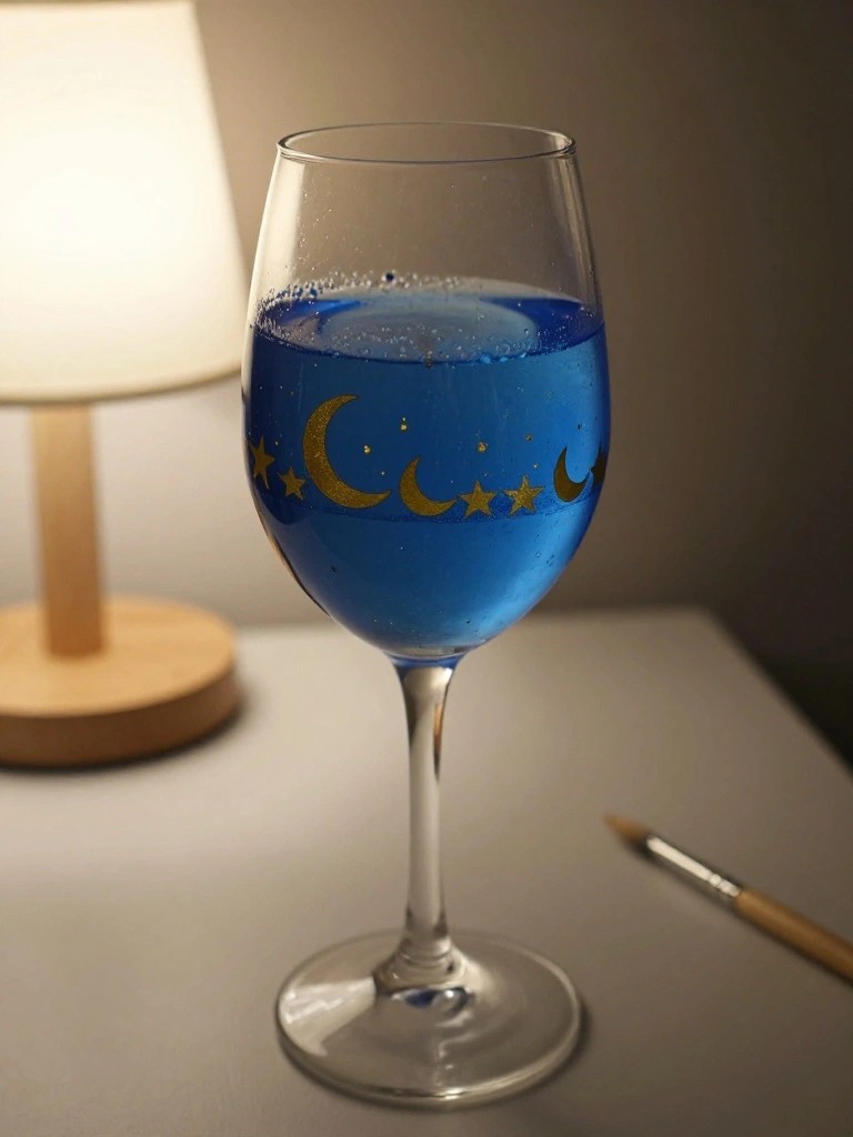 A wine glass with blue liquid inside shows a gold painted band of moons and stars around the bowl, next to a lamp and paintbrush.