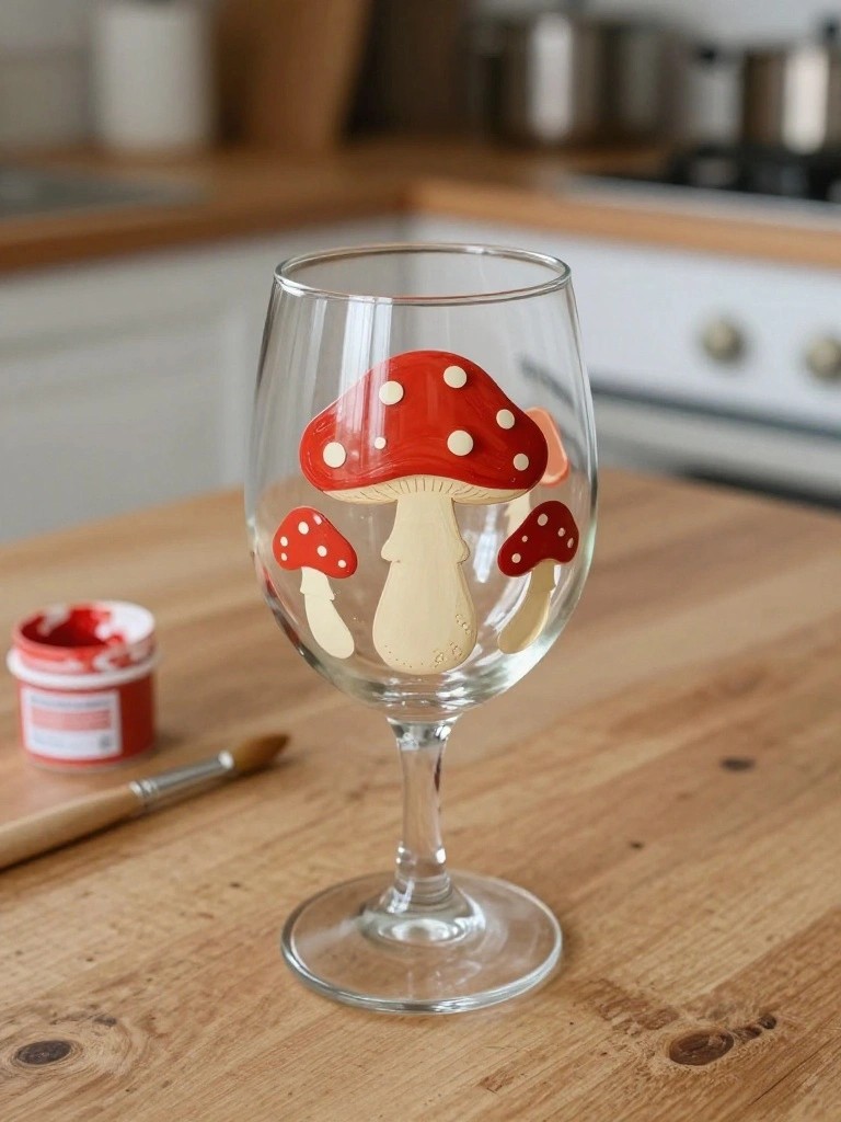 A clear wine glass with red mushrooms painted on the bowl sits on a wooden table next to a jar of red paint and a brush.