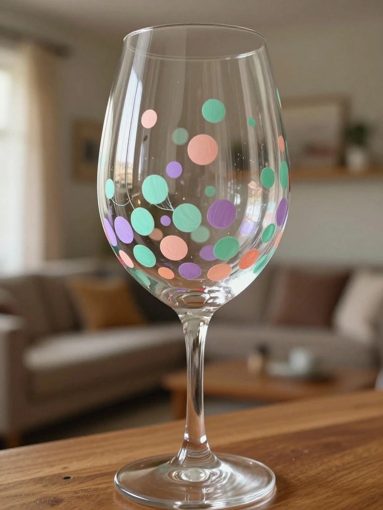 Wine glass with pastel polka dots on wooden table in living room