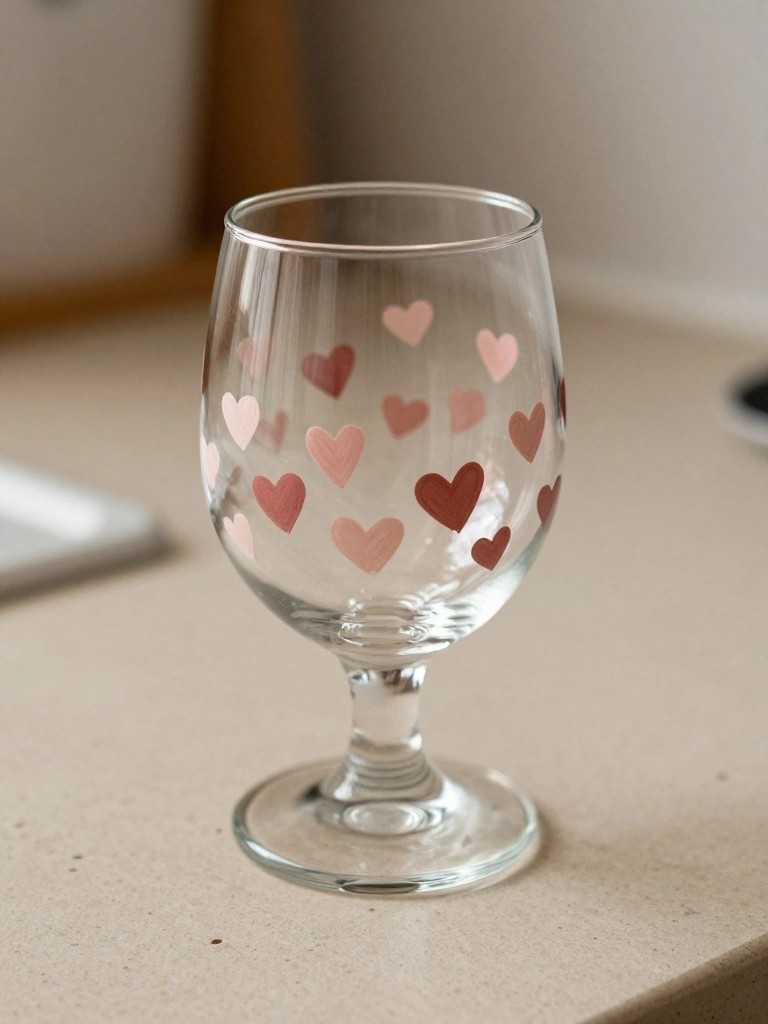 A clear stemmed wine glass with scattered pink and brown heart shapes on its bowl rests on a light countertop.