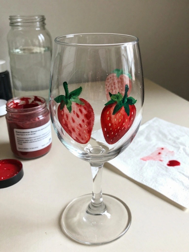 Wine glass with two painted strawberries beside red paint jar and stained paper towel