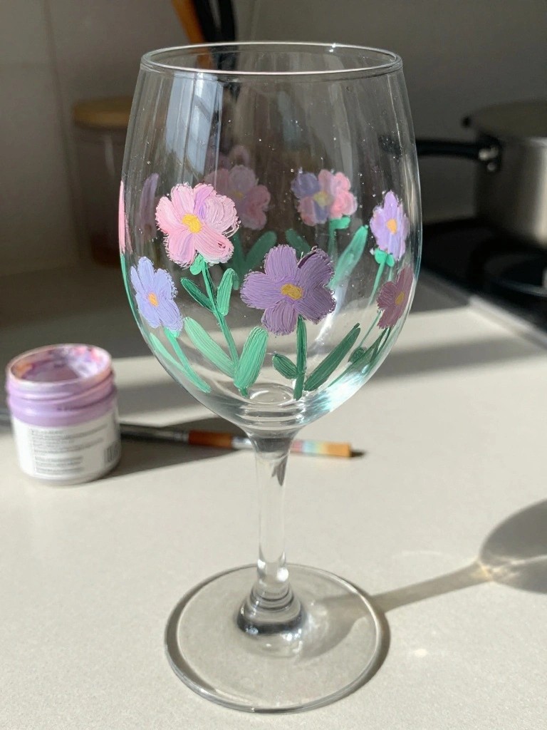 Hand-painted wine glass with pink and purple flowers beside paint jar and brush