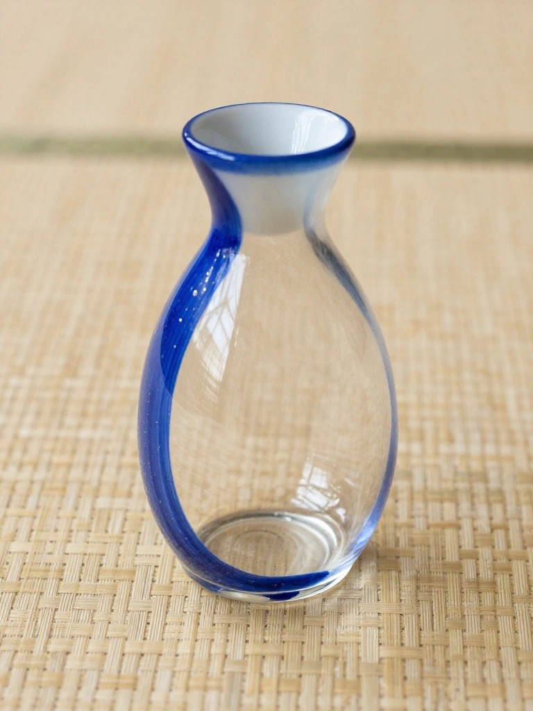 A small transparent glass vase with blue painted rim and curved stripe resting on a woven mat.