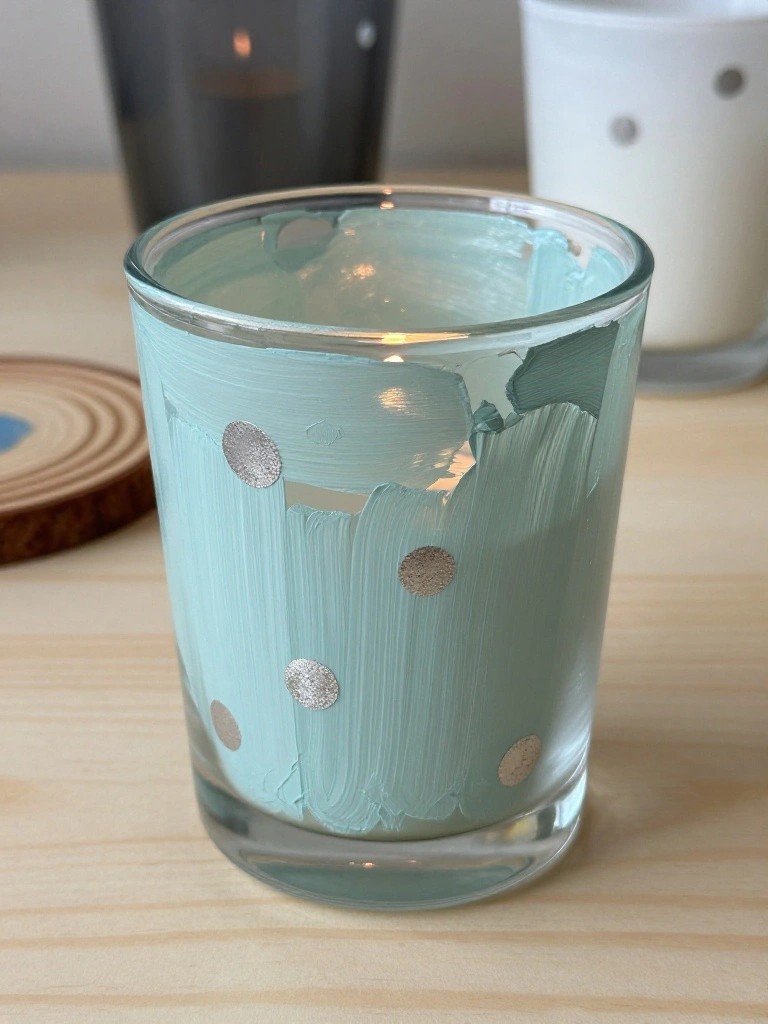 Clear glass cup with light teal paint strokes and silver glitter dots on wood