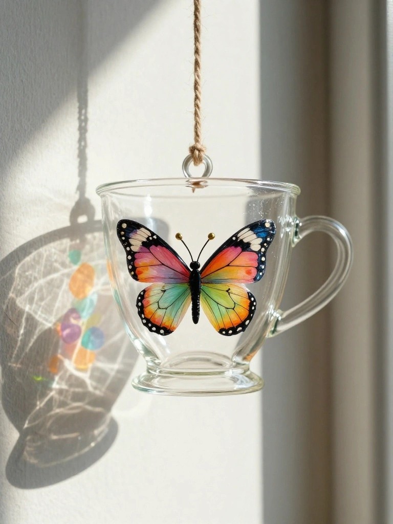 Glass mug with rainbow butterfly hanging from twine, sunlight casting shadows on wall