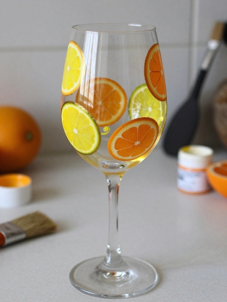 A clear wine glass painted with yellow lemon slices, orange slices, and green lime slices, some outlined in gold, on a white surface with paint supplies nearby.