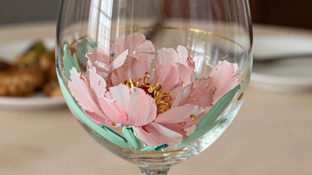 18 Polished Glass Cup Painting Ideas Using Metallic Paint Accents A clear wine glass with pink peonies, green leaves, and gold dots painted on the bowl plus a gold rim at the top.