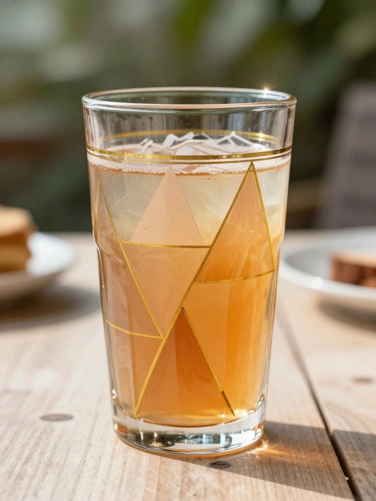 Clear glass with gold geometric patterns holding iced amber drink on wooden table