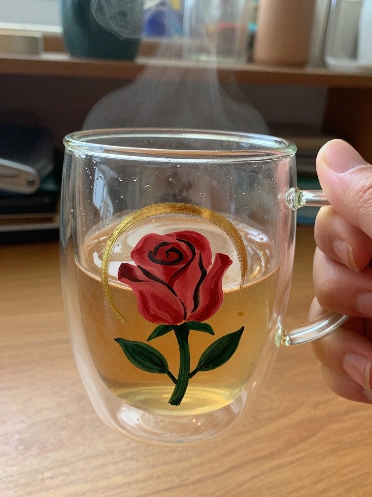 A hand holds a clear double-walled glass mug with a painted red rose and gold circle, filled with steaming tea.