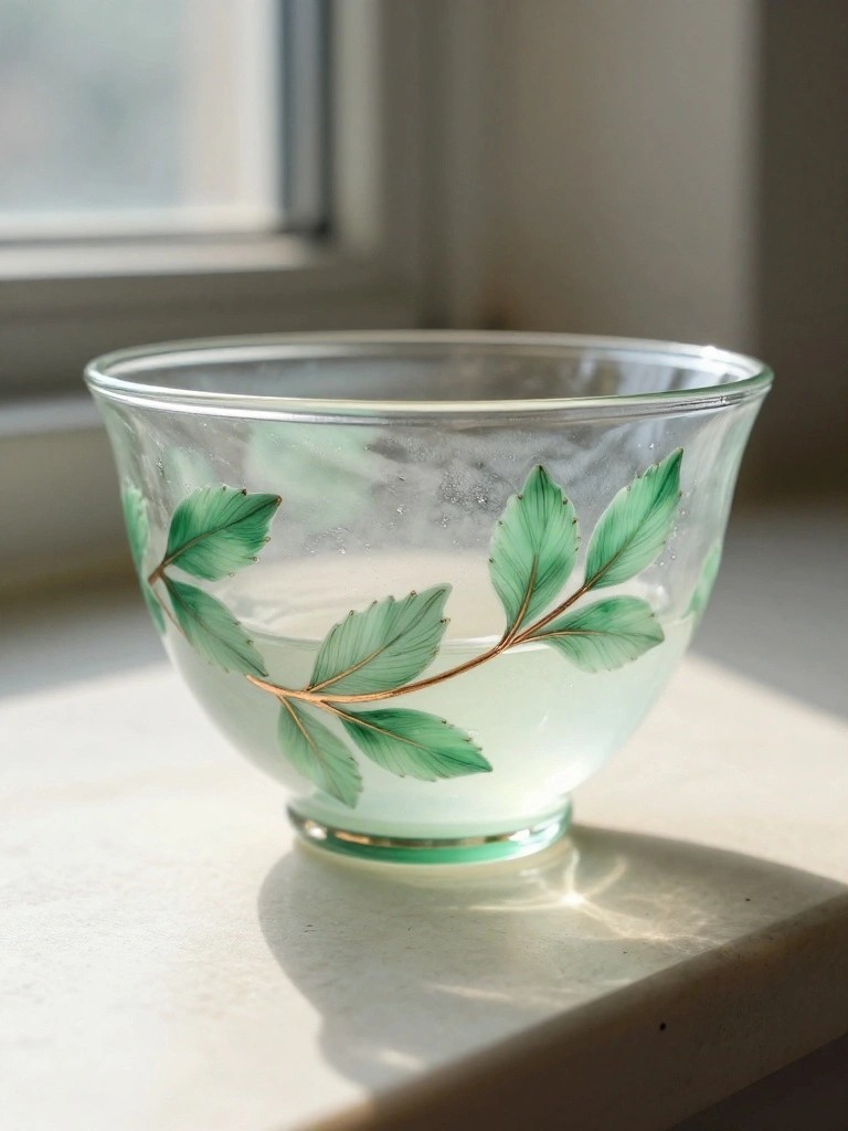 Glass bowl with green leaves and gold stems on sunny windowsill