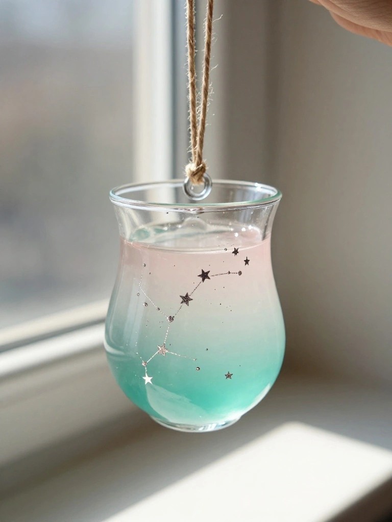 Hanging glass vase with pink-turquoise gradient liquid and silver constellation stars
