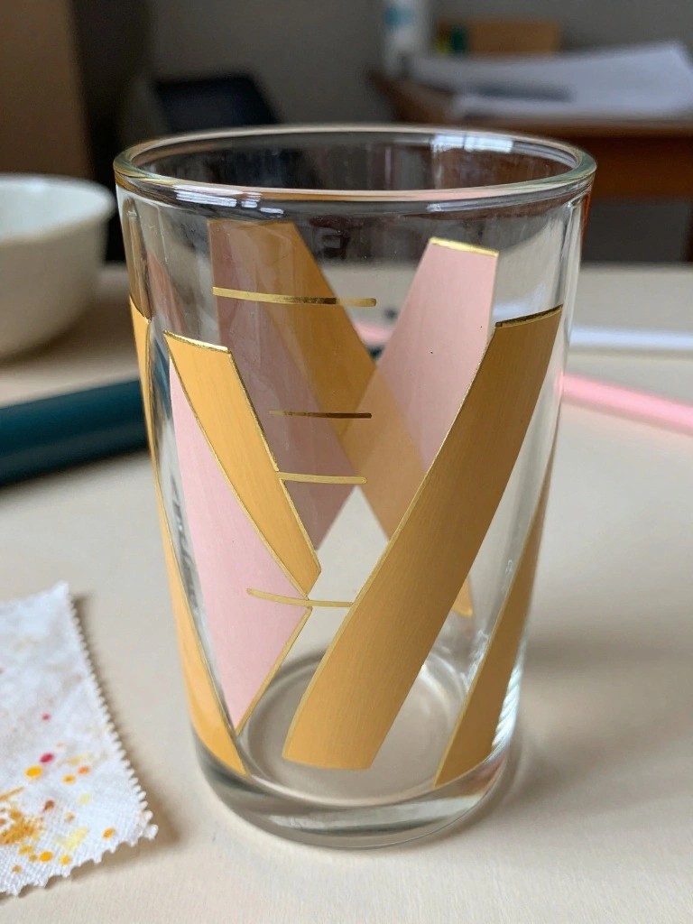 Clear glass tumbler with pink and gold geometric chevron patterns on table