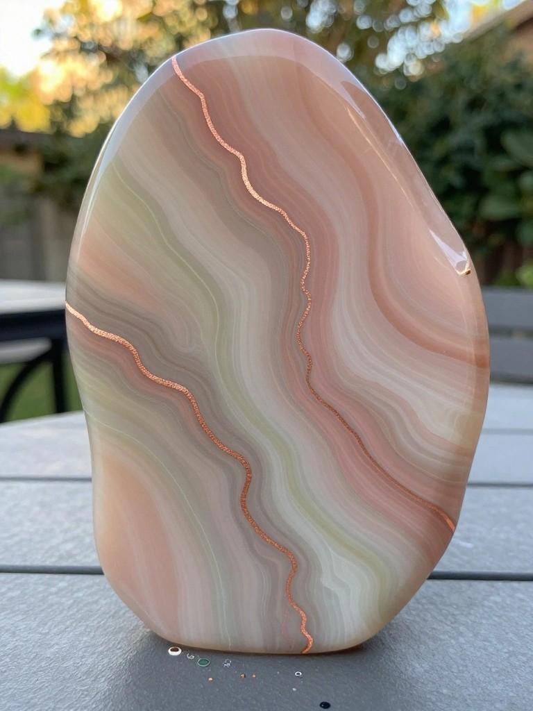 Polished oval stone with pink bands, green stripes, and copper veins